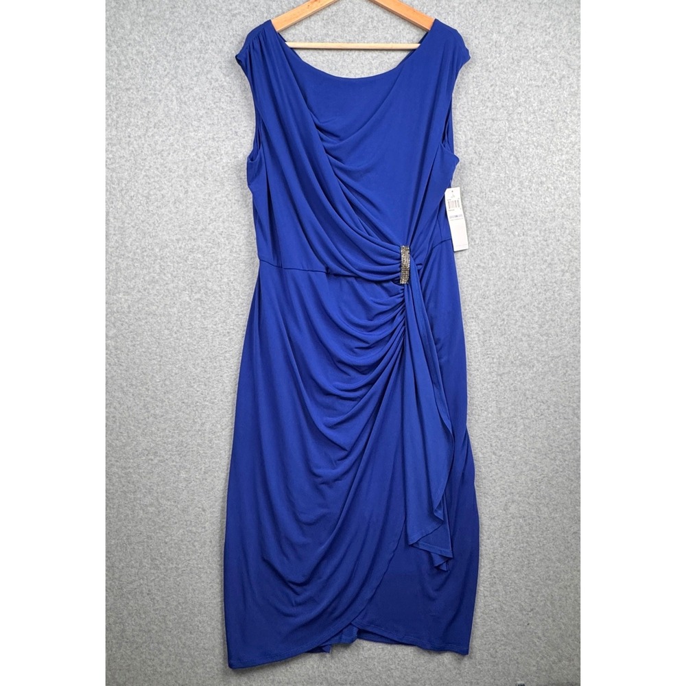 London Times Dress Womens 18 Royal Blue Sheath Ruched Rhinestone Formal MOB NEW